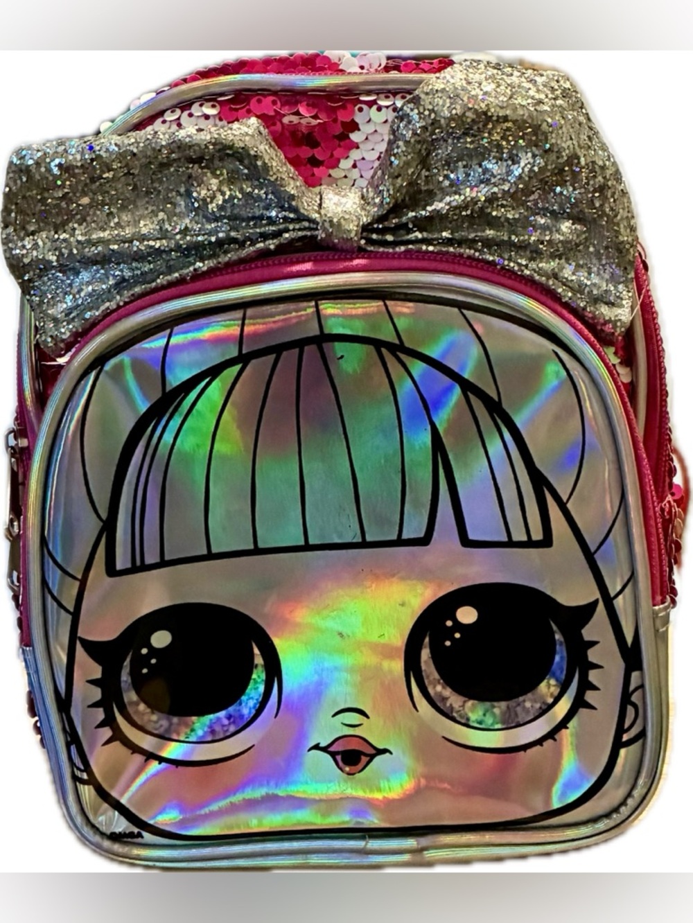 L.O.L. Surprise! Holographic Pink Silver Kids Backpack with Glitter Bow